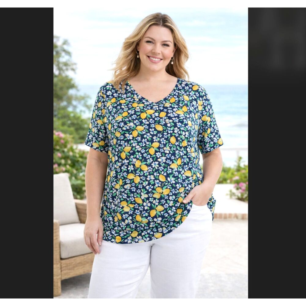 Croft & Barrow 2X Navy Blue Lemon Floral Cotton Classic Tee Short Sleeve Shirt
